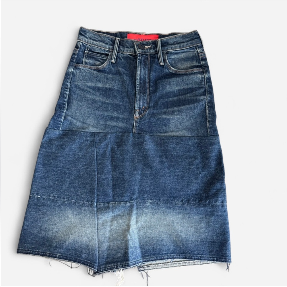MOTHER Carolyn Murphy Knee Step Back Upcycled Denim Midi Skirt Size 24